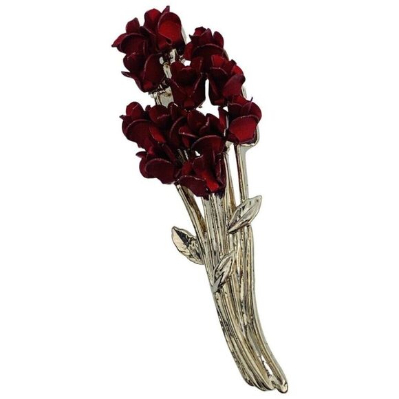 Vintage AVON Dozen Of Red Roses Bouquet Yellow Gold Tone Polished Brooch DM97 - Picture 1 of 6